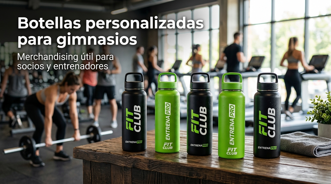 Bidones y botellas deportivas con logo para socios, entrenadores, promociones, retos fitness y merchandising del centro.